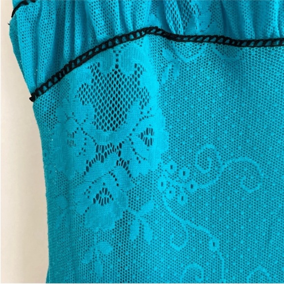 Betsey Johnson RARE Aqua Floral Dot Net Drop Waist Dress w/Slip Size Medium - Picture 5 of 10